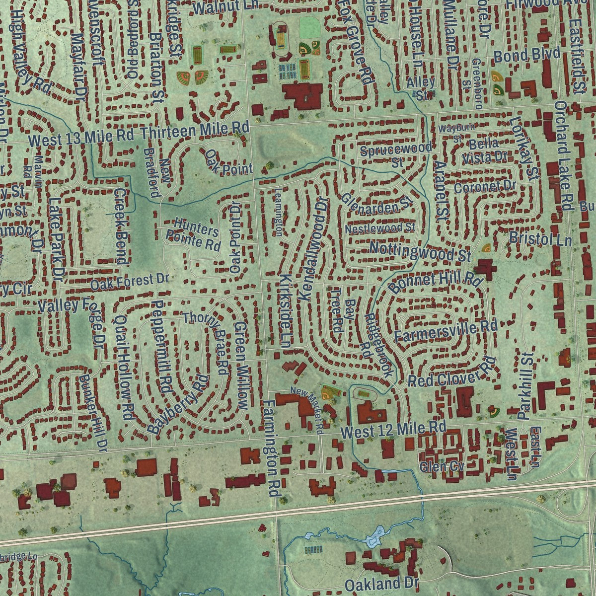 Close-up of the map of Farmington Hills, Michigan print showing street and building detail