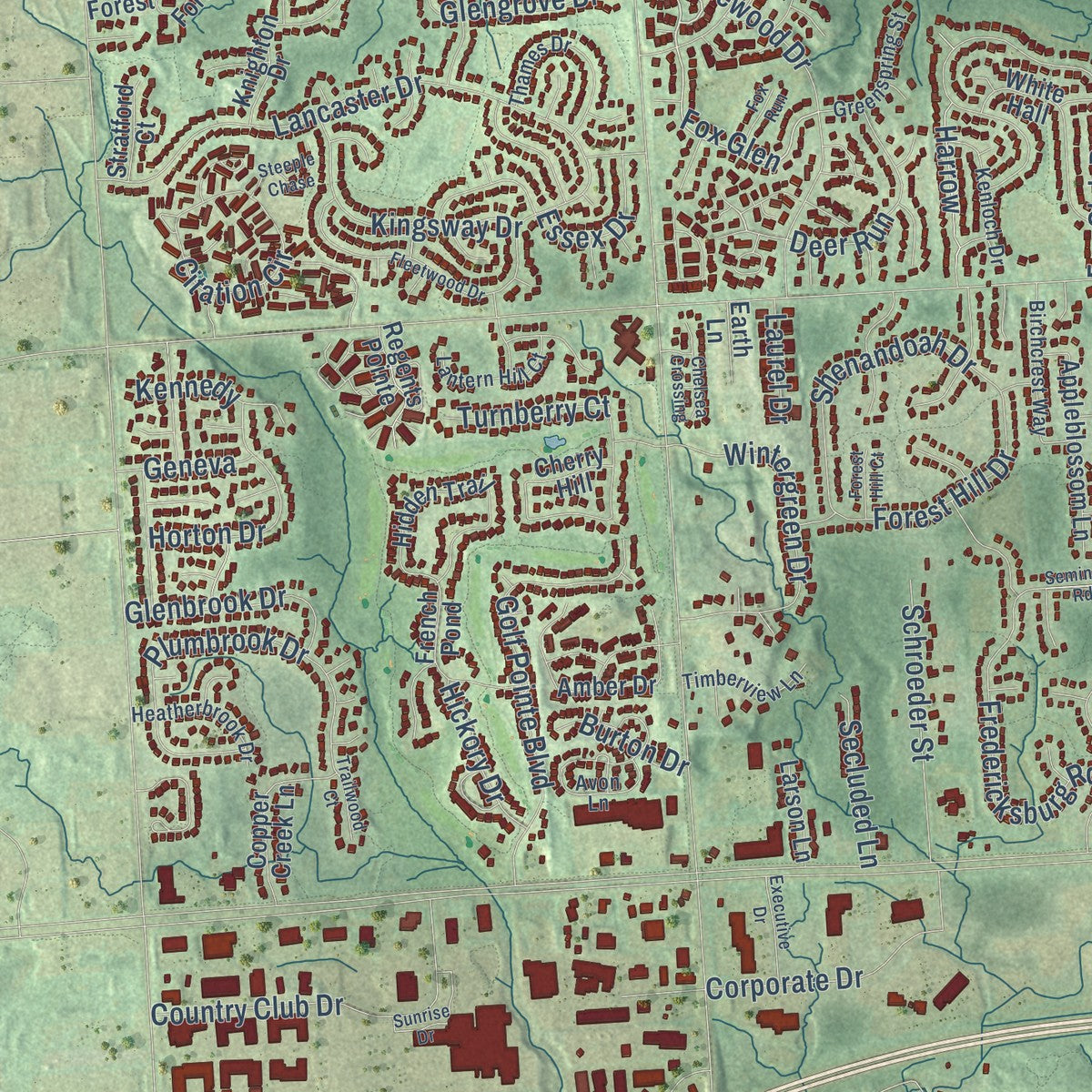 Second close-up of the map of Farmington Hills, Michigan print showing more streets and buildings