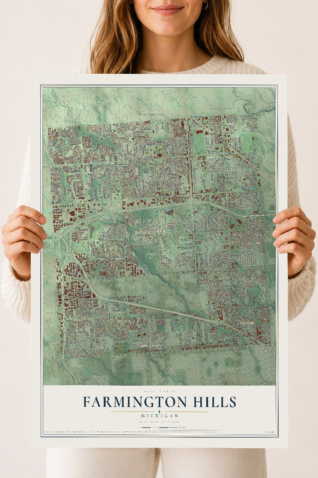 Map of Farmington Hills, Michigan, 18 x 24 inch unframed archival matte print