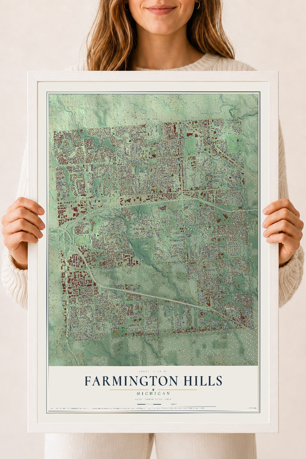 Map of Farmington Hills, Michigan, 18 x 24 inch print in a white wood frame
