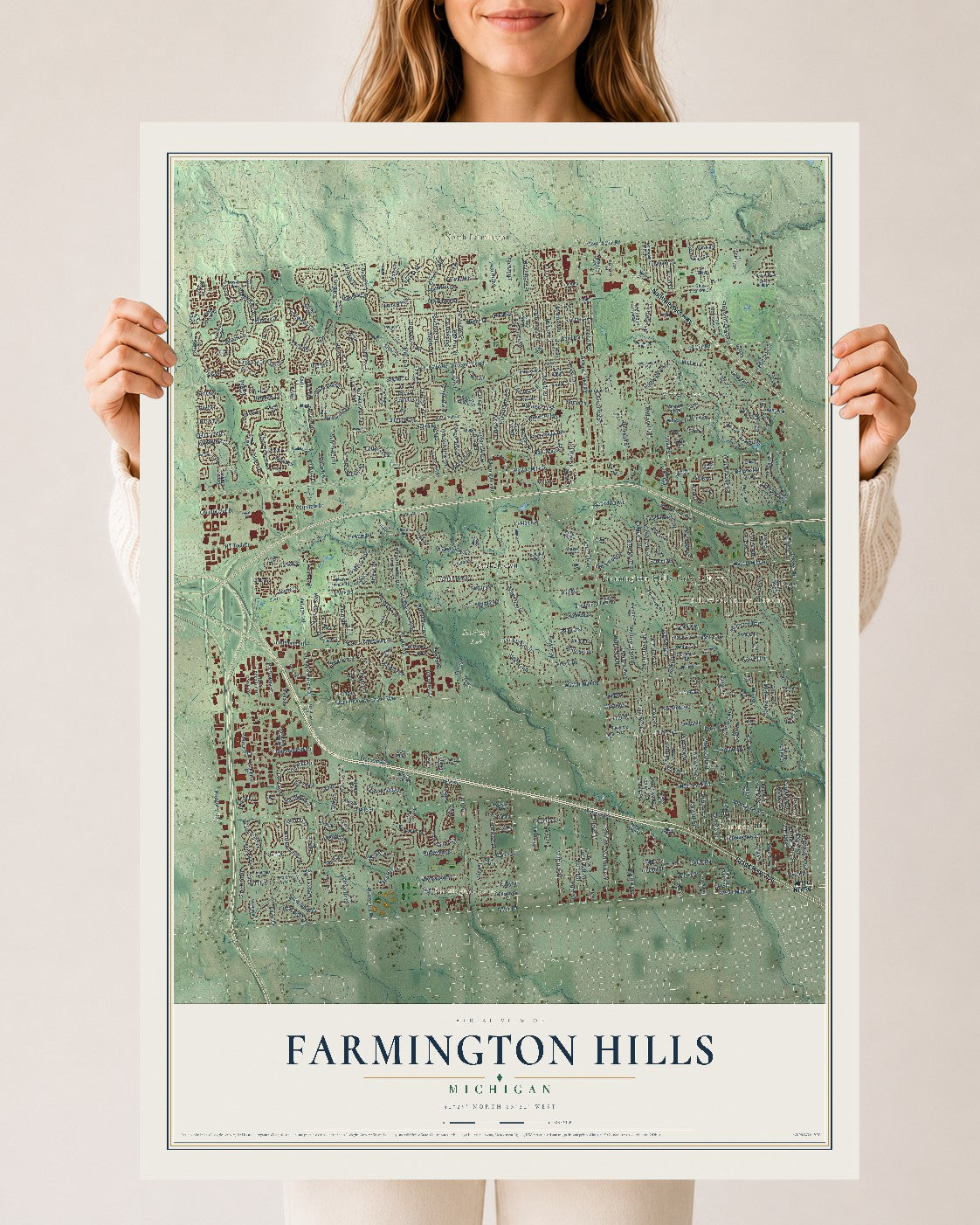 Map of Farmington Hills, Michigan, 24 x 36 inch unframed archival matte print
