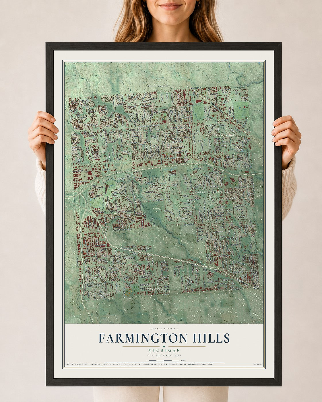 Map of Farmington Hills, Michigan, 24 x 36 inch print in a black wood frame