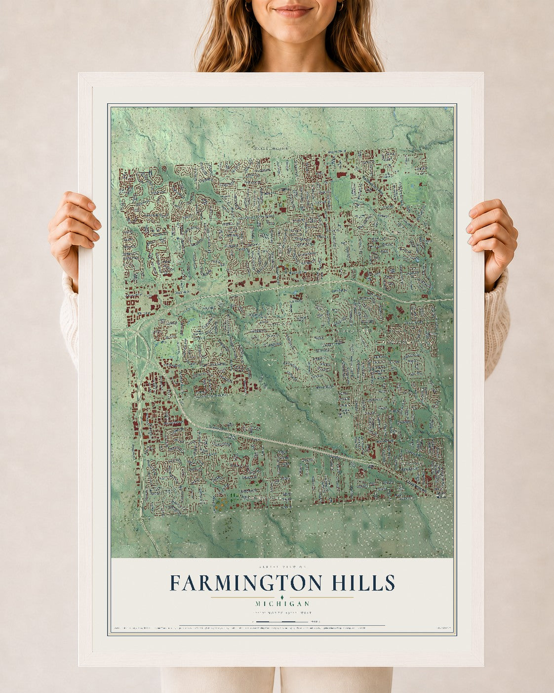 Map of Farmington Hills, Michigan, 24 x 36 inch print in a white wood frame
