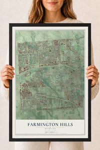 Map of Farmington Hills, Michigan, 18 x 24 inch print in a black wood frame