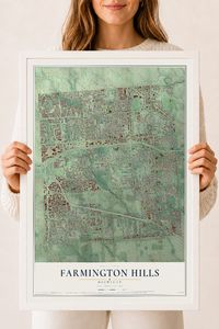Map of Farmington Hills, Michigan, 18 x 24 inch print in a white wood frame