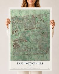 Map of Farmington Hills, Michigan, 24 x 36 inch unframed archival matte print