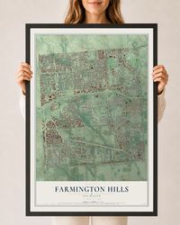 Map of Farmington Hills, Michigan, 24 x 36 inch print in a black wood frame