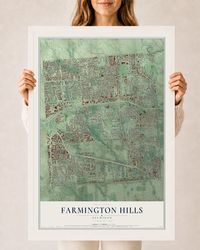 Map of Farmington Hills, Michigan, 24 x 36 inch print in a white wood frame