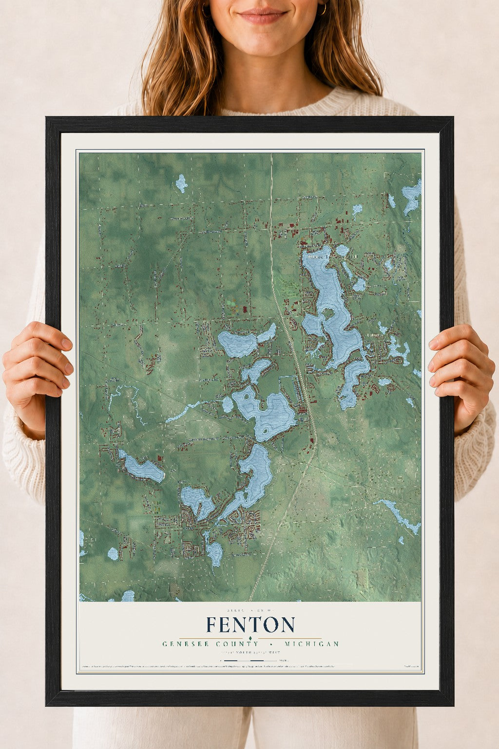 Map of Fenton, Genesee County, Michigan, 18 x 24 inch print in a black wood frame
