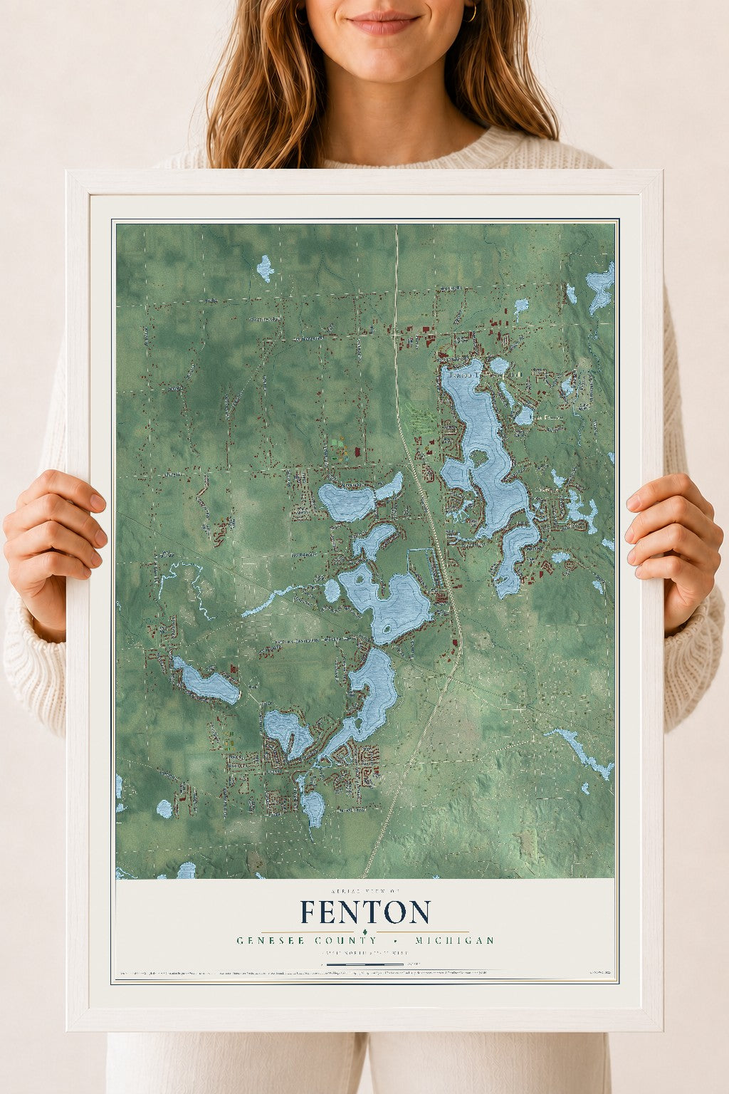 Map of Fenton, Genesee County, Michigan, 18 x 24 inch print in a white wood frame