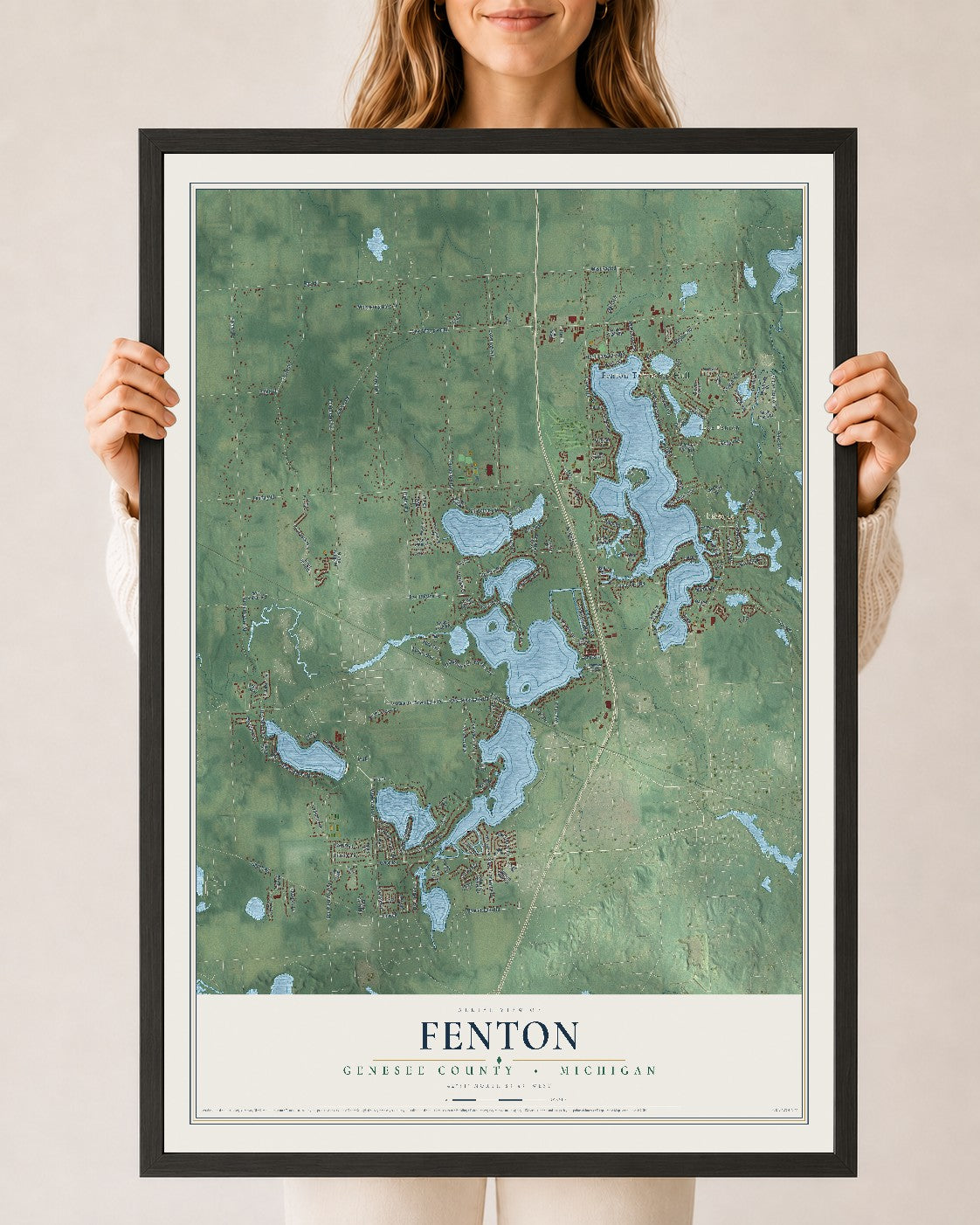 Map of Fenton, Genesee County, Michigan, 24 x 36 inch print in a black wood frame