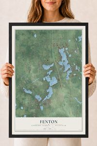 Map of Fenton, Genesee County, Michigan, 18 x 24 inch print in a black wood frame