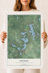 Map of Fenton, Genesee County, Michigan, 18 x 24 inch print in a white wood frame