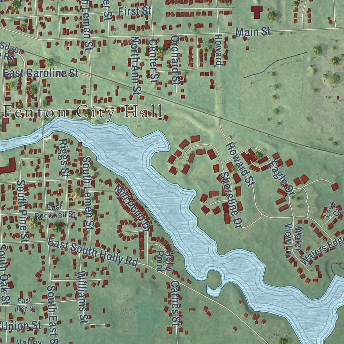Close-up of the map of Fenton, Michigan print showing street and building detail