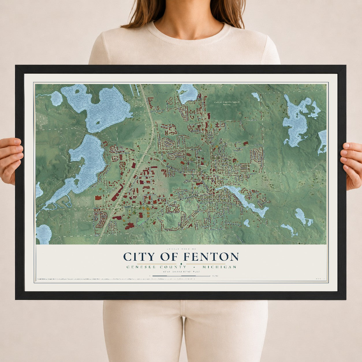 Map of Fenton, Michigan, 18 x 24 inch print in a black wood frame