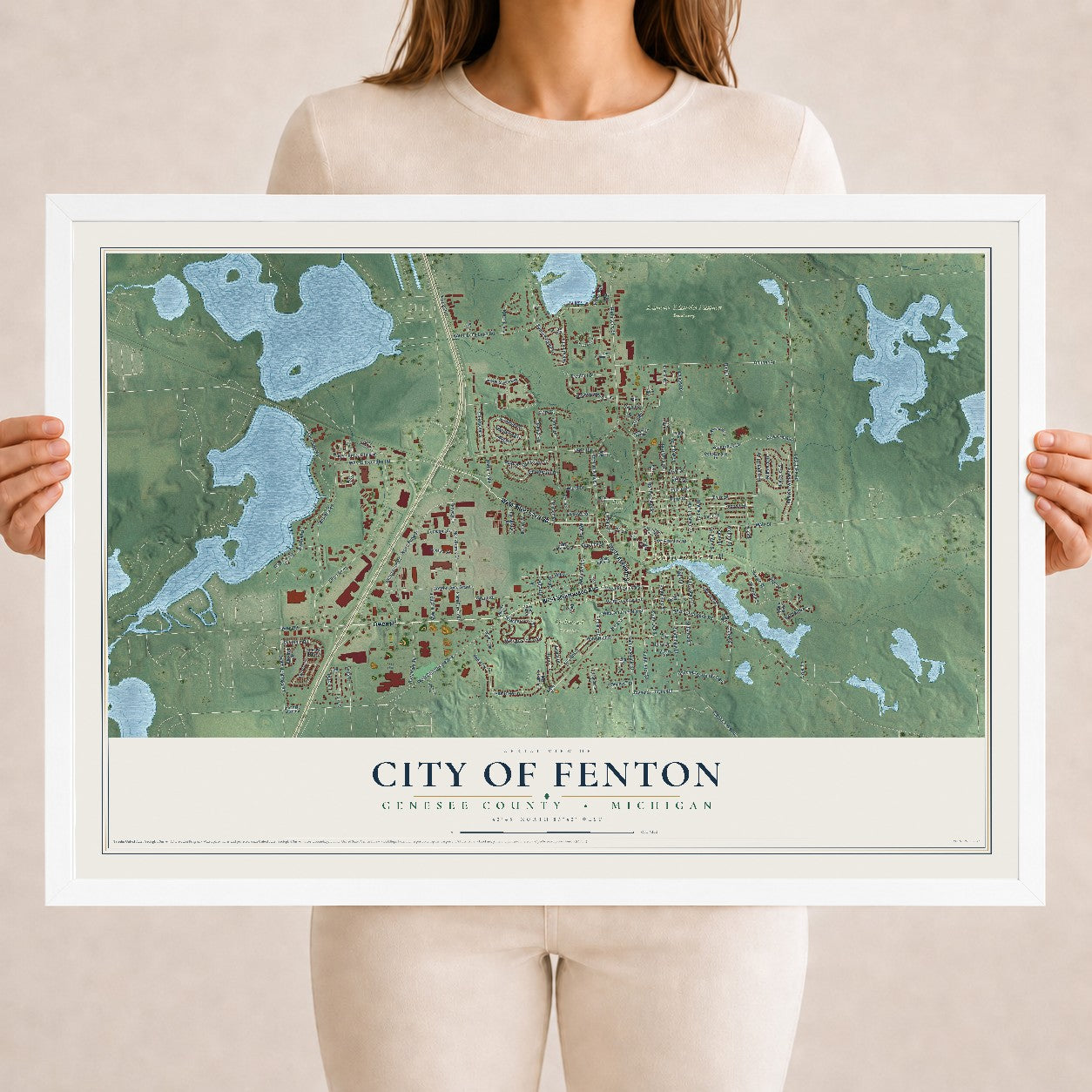 Map of Fenton, Michigan, 18 x 24 inch print in a white wood frame