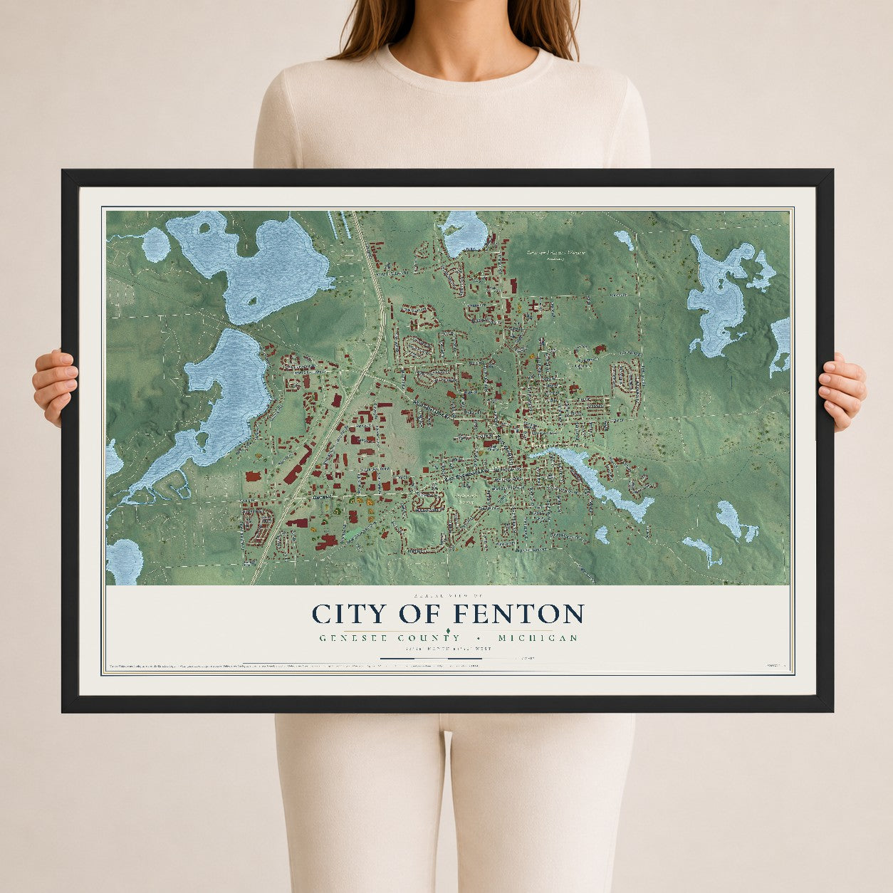 Map of Fenton, Michigan, 24 x 36 inch print in a black wood frame