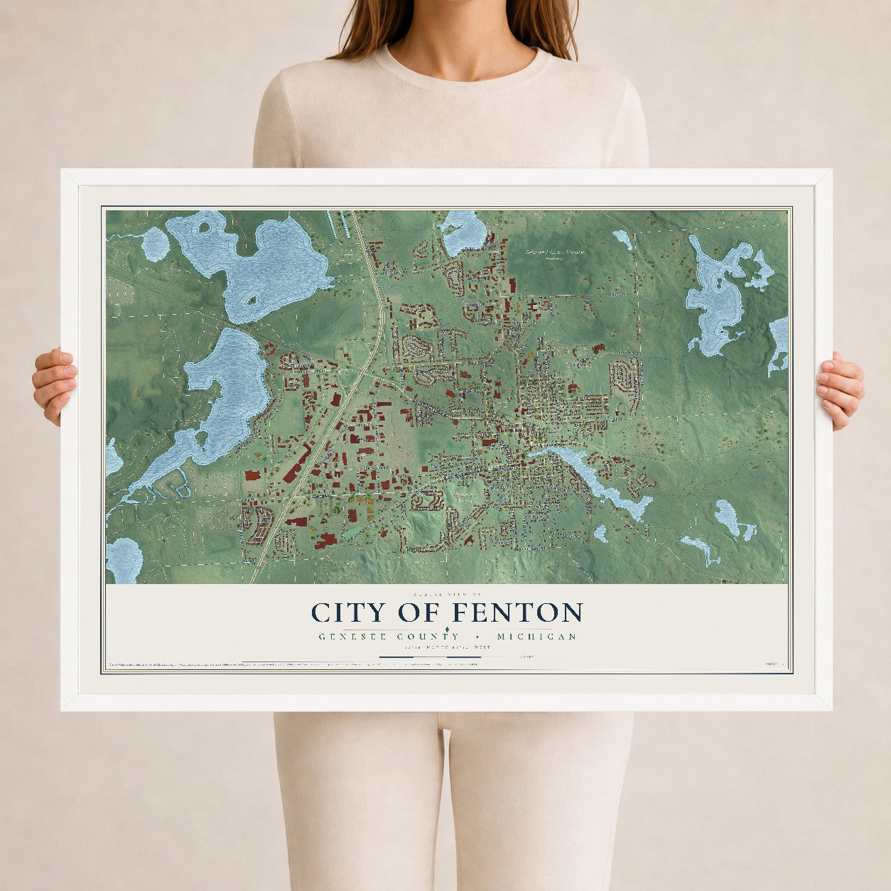 Map of Fenton, Michigan, 24 x 36 inch print in a white wood frame