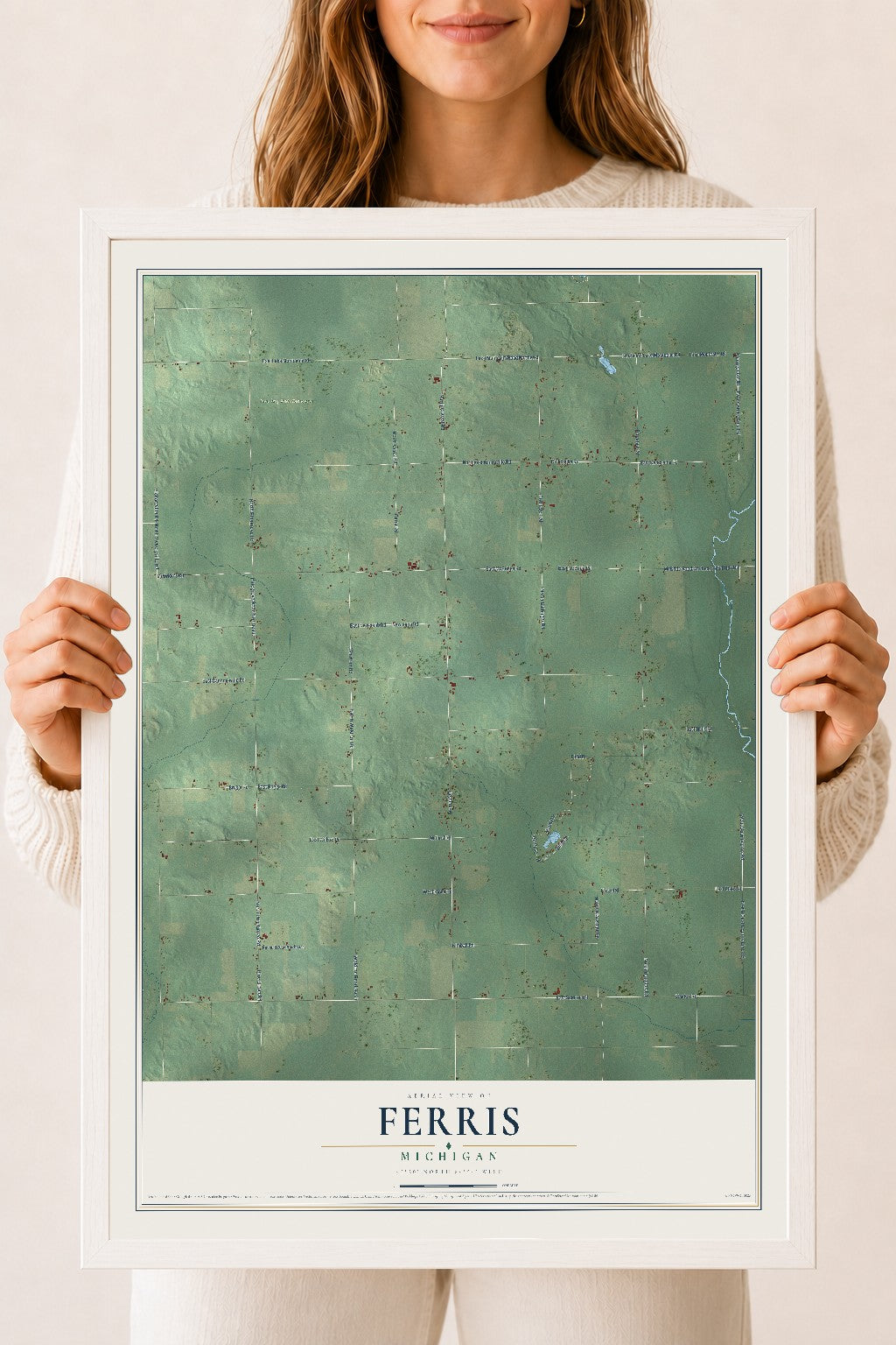 Map of Ferris, Michigan, 18 x 24 inch print in a white wood frame