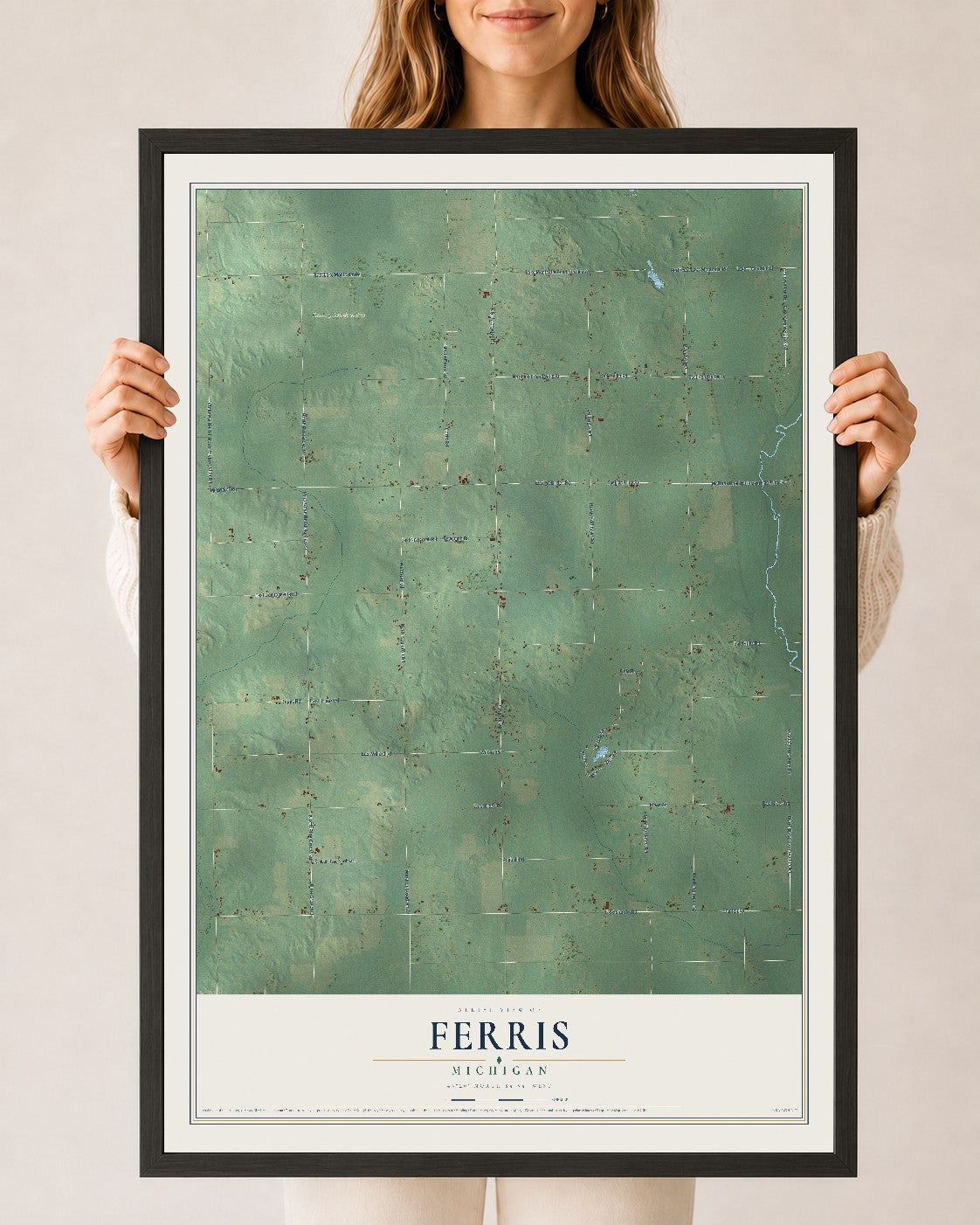 Map of Ferris, Michigan, 24 x 36 inch print in a black wood frame