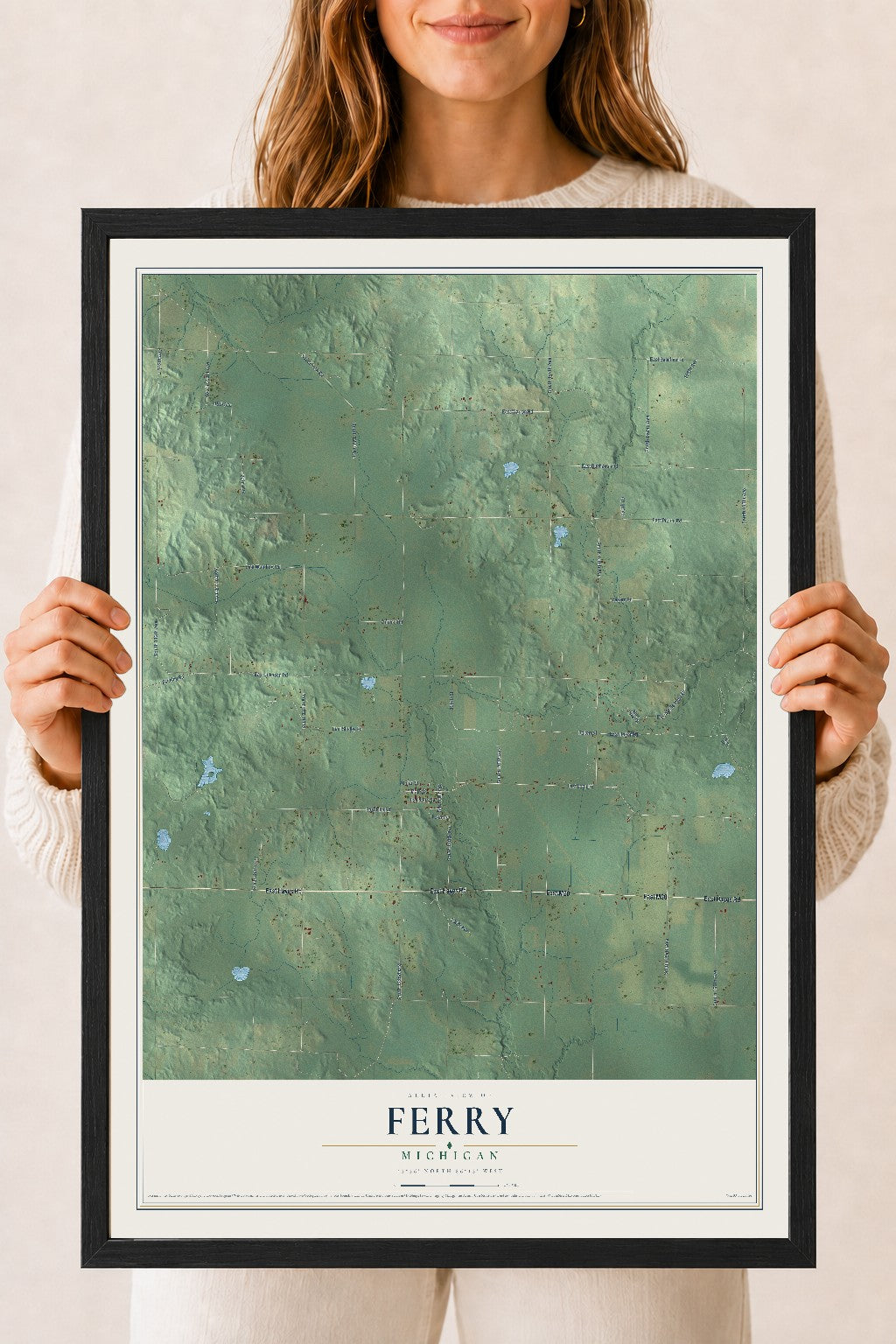 Map of Ferry, Michigan, 18 x 24 inch print in a black wood frame
