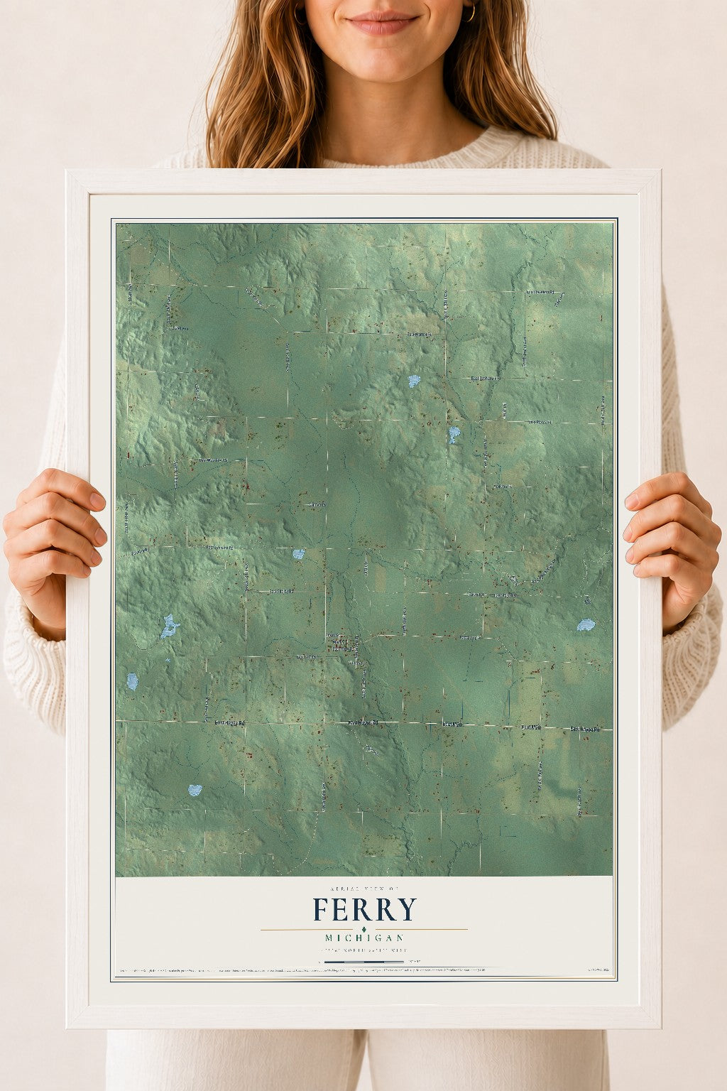 Map of Ferry, Michigan, 18 x 24 inch print in a white wood frame