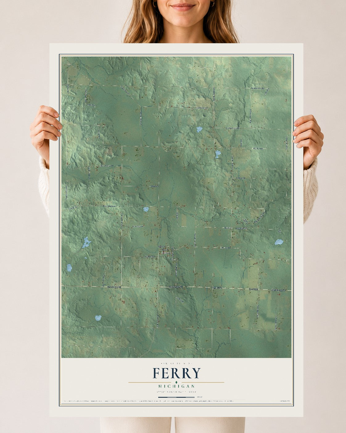 Map of Ferry, Michigan, 24 x 36 inch unframed archival matte print