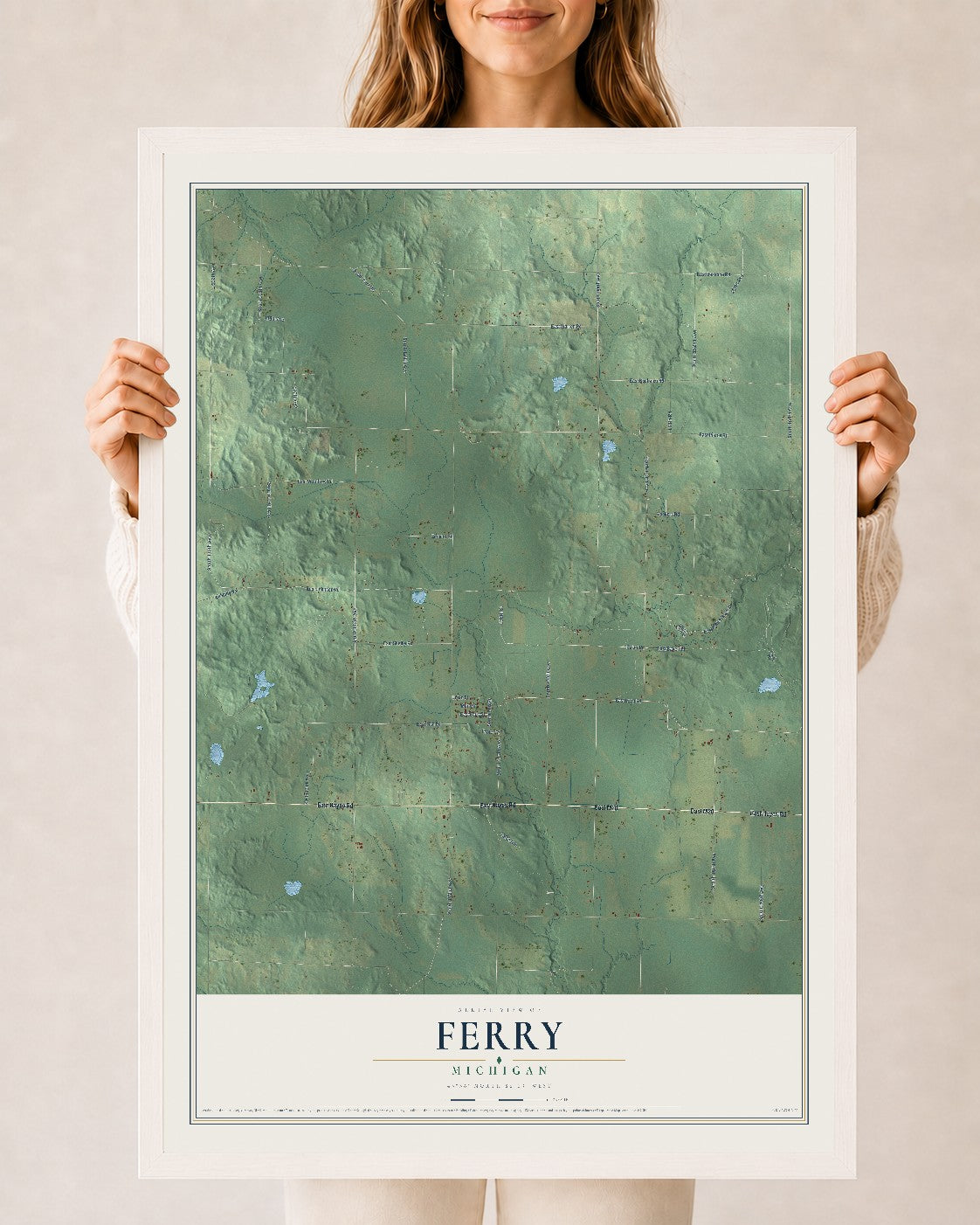 Map of Ferry, Michigan, 24 x 36 inch print in a white wood frame