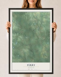 Map of Ferry, Michigan, 24 x 36 inch print in a black wood frame