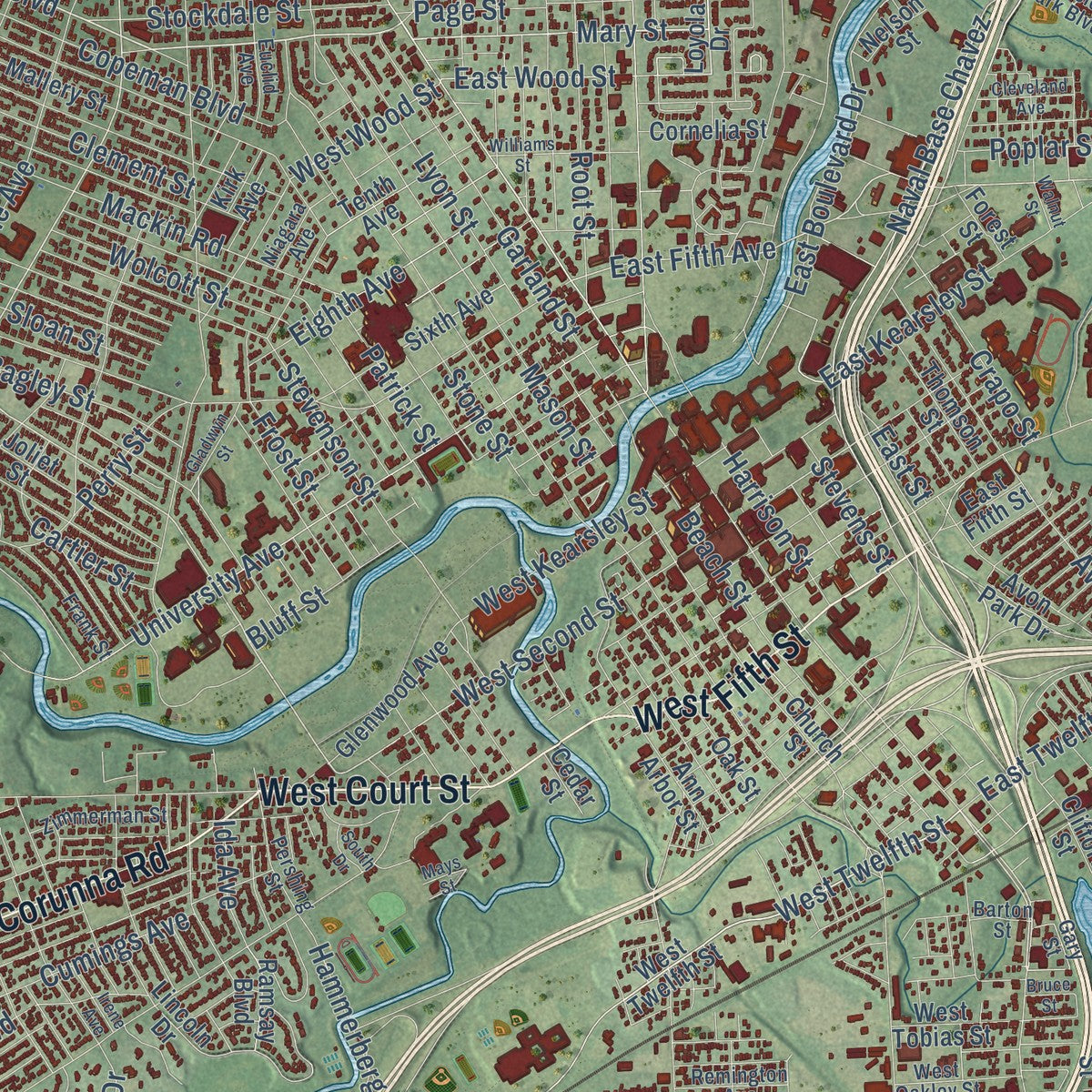 Close-up of the map of Flint, Michigan print showing street and building detail
