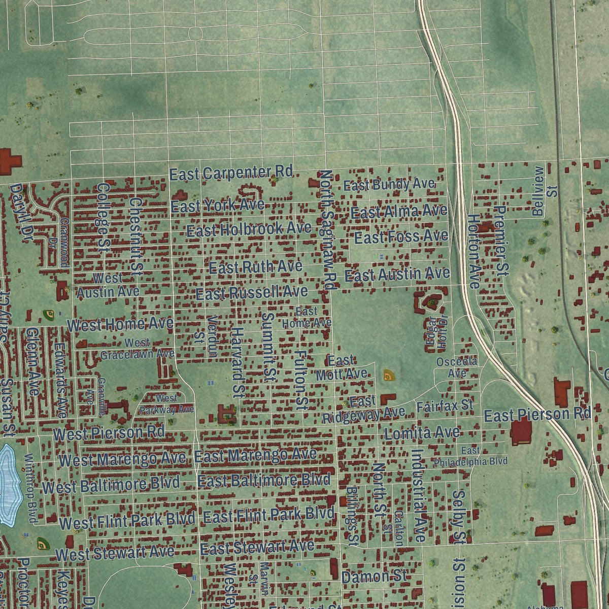 Second close-up of the map of Flint, Michigan print showing more streets and buildings