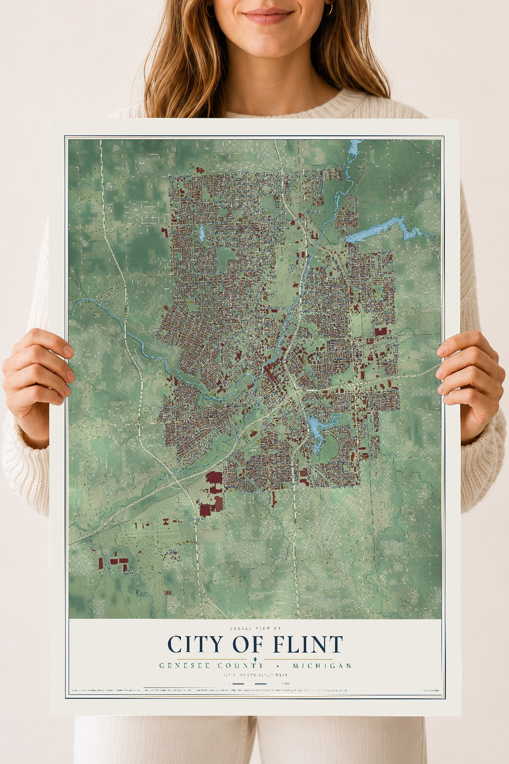 Map of Flint, Michigan, 18 x 24 inch unframed archival matte print