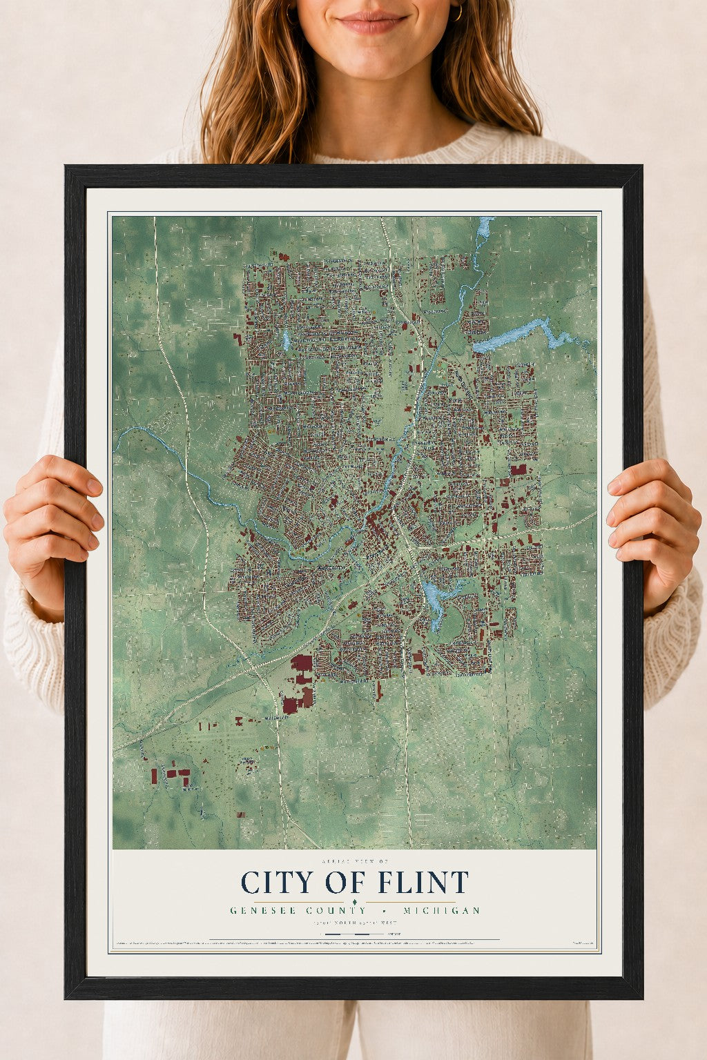 Map of Flint, Michigan, 18 x 24 inch print in a black wood frame