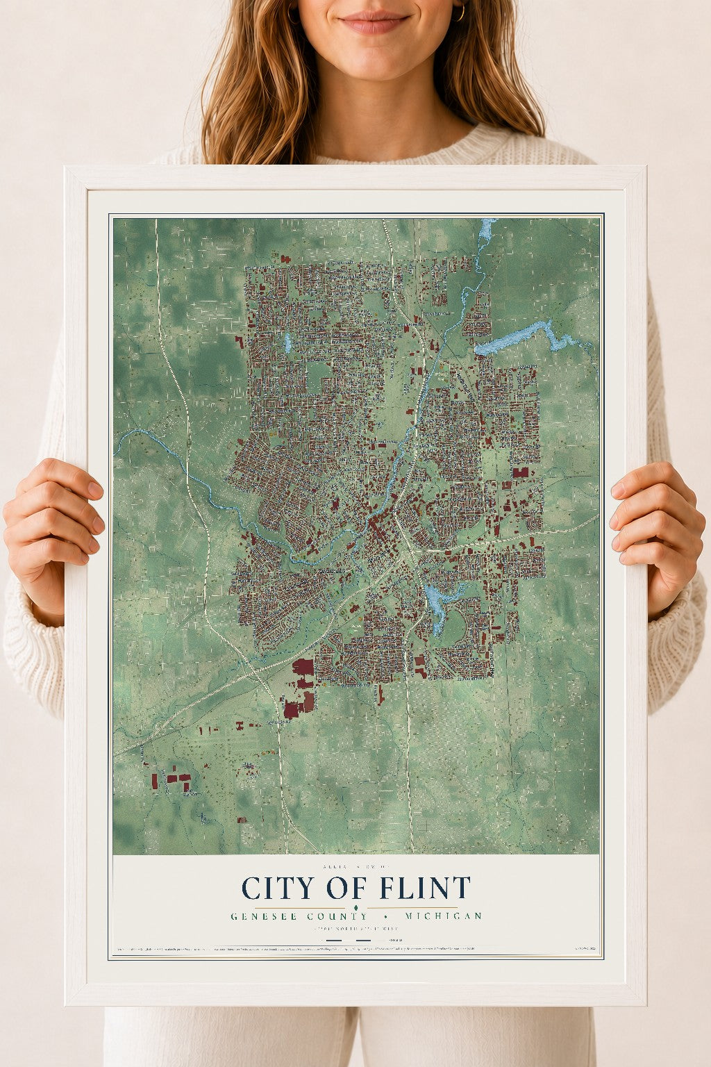 Map of Flint, Michigan, 18 x 24 inch print in a white wood frame