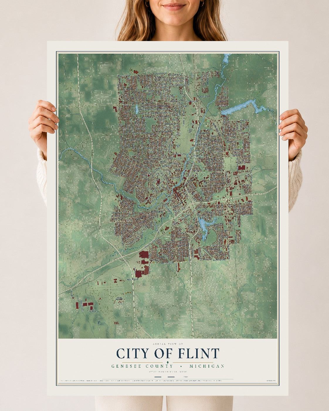 Map of Flint, Michigan, 24 x 36 inch unframed archival matte print