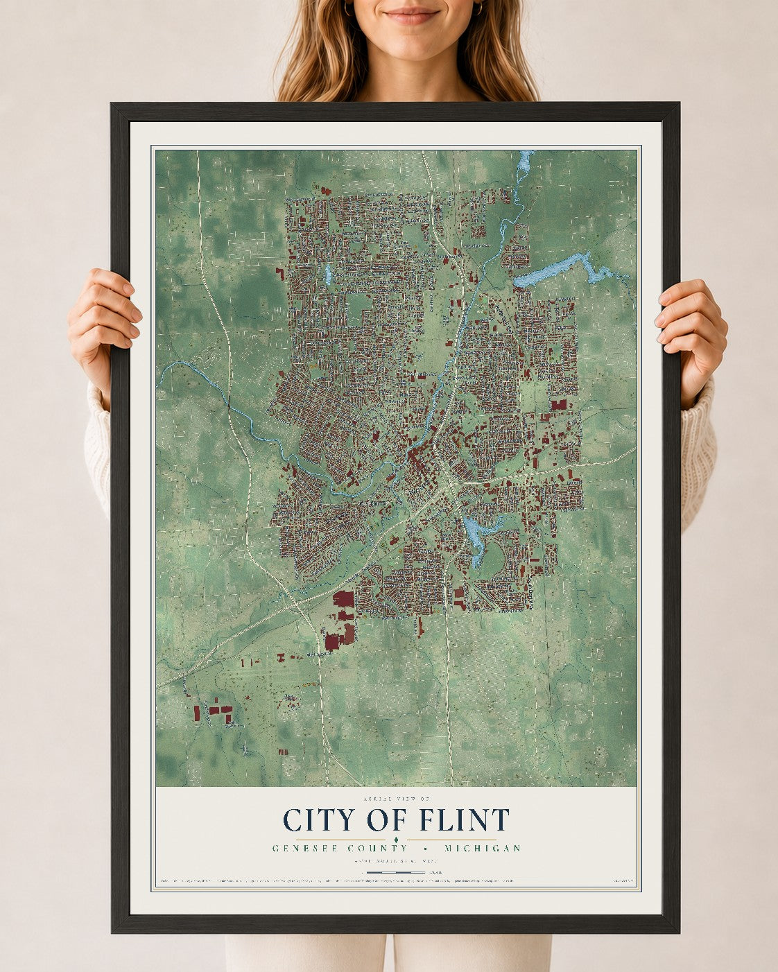 Map of Flint, Michigan, 24 x 36 inch print in a black wood frame