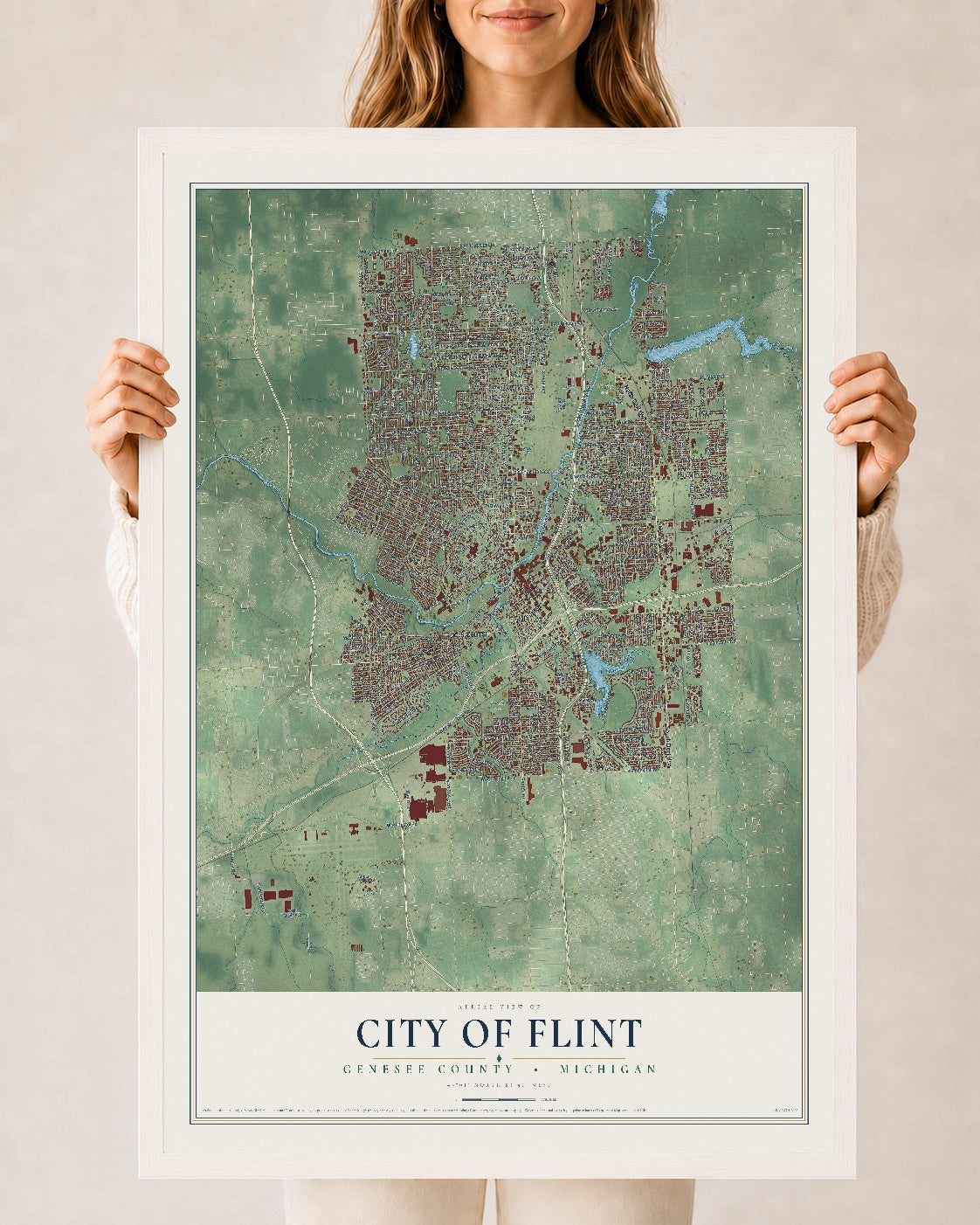 Map of Flint, Michigan, 24 x 36 inch print in a white wood frame