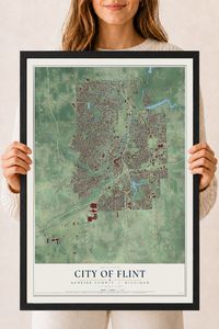 Map of Flint, Michigan, 18 x 24 inch print in a black wood frame