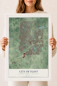 Map of Flint, Michigan, 18 x 24 inch print in a white wood frame