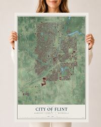 Map of Flint, Michigan, 24 x 36 inch unframed archival matte print