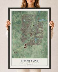 Map of Flint, Michigan, 24 x 36 inch print in a black wood frame
