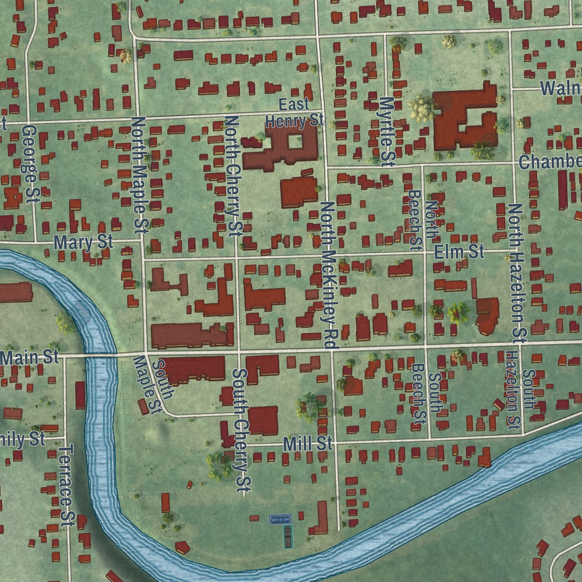 Second close-up of the map of Flushing, Michigan print showing more streets and buildings
