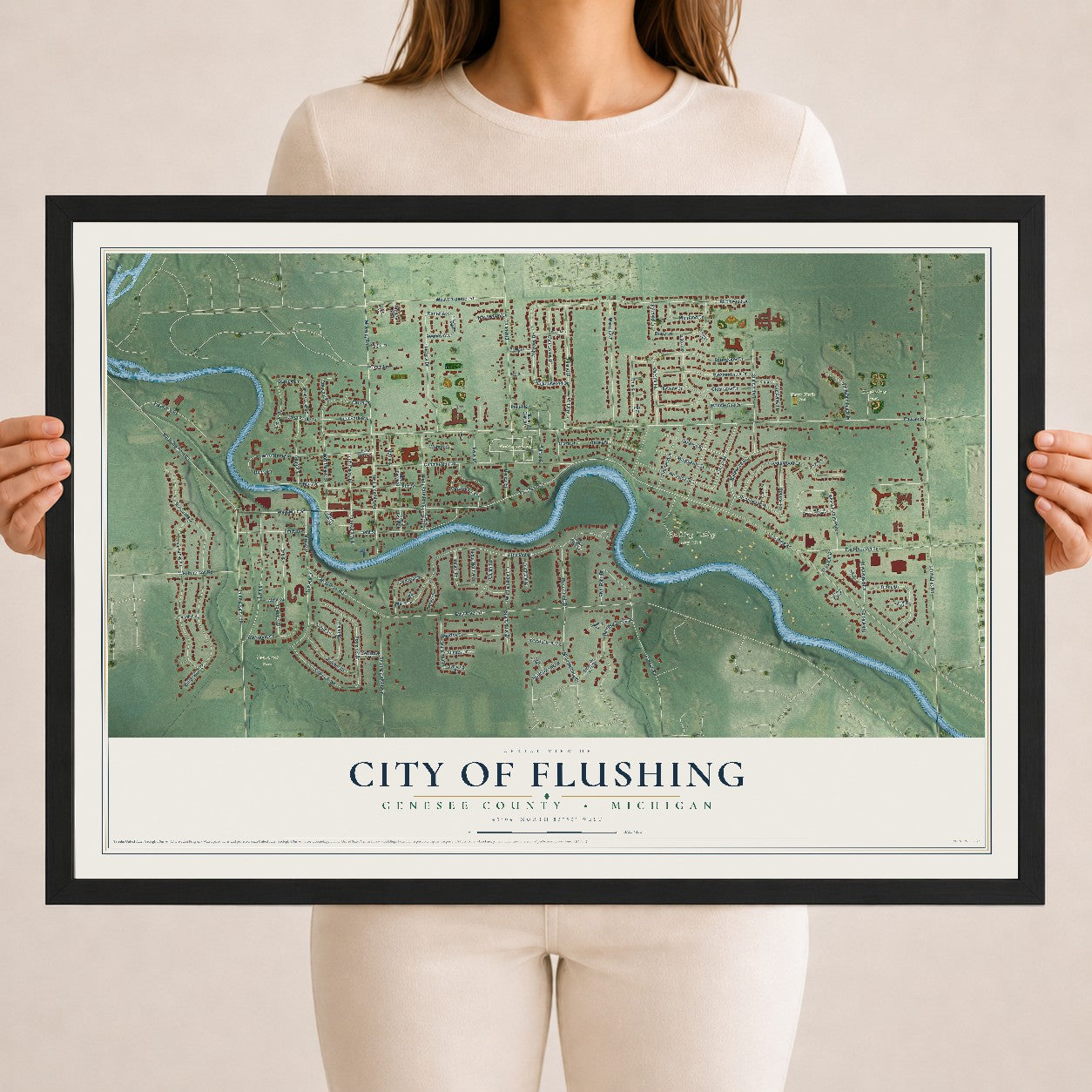 Map of Flushing, Michigan, 18 x 24 inch print in a black wood frame