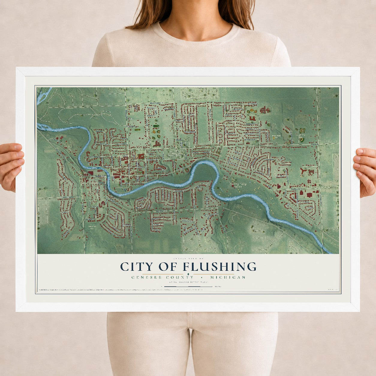 Map of Flushing, Michigan, 18 x 24 inch print in a white wood frame