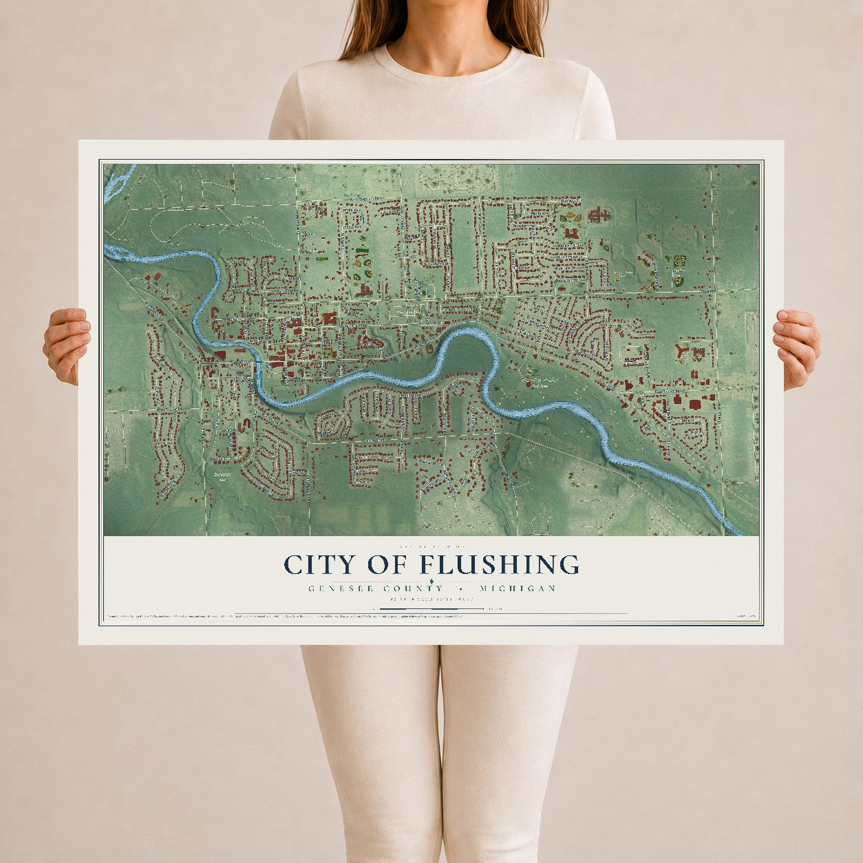Map of Flushing, Michigan, 24 x 36 inch unframed archival matte print