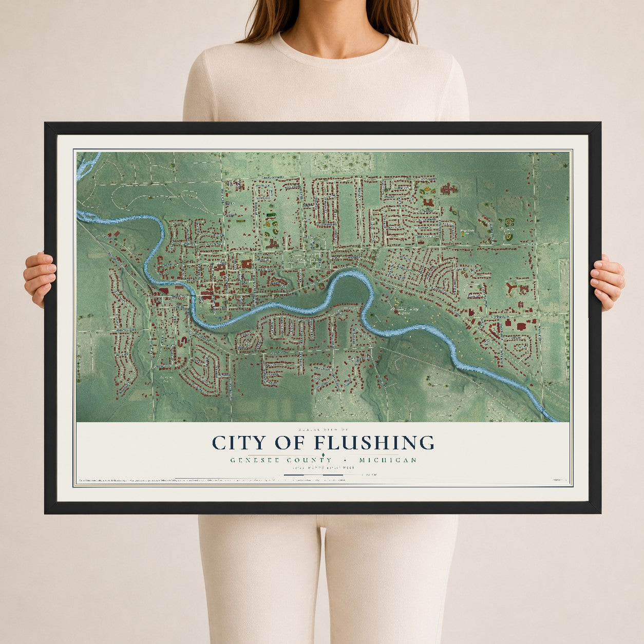Map of Flushing, Michigan, 24 x 36 inch print in a black wood frame