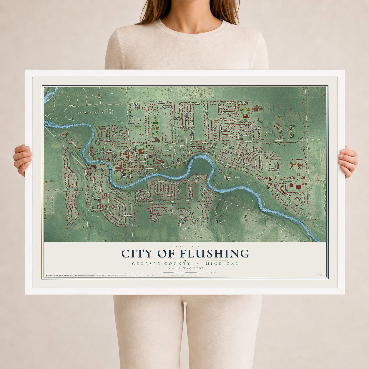 Map of Flushing, Michigan, 24 x 36 inch print in a white wood frame