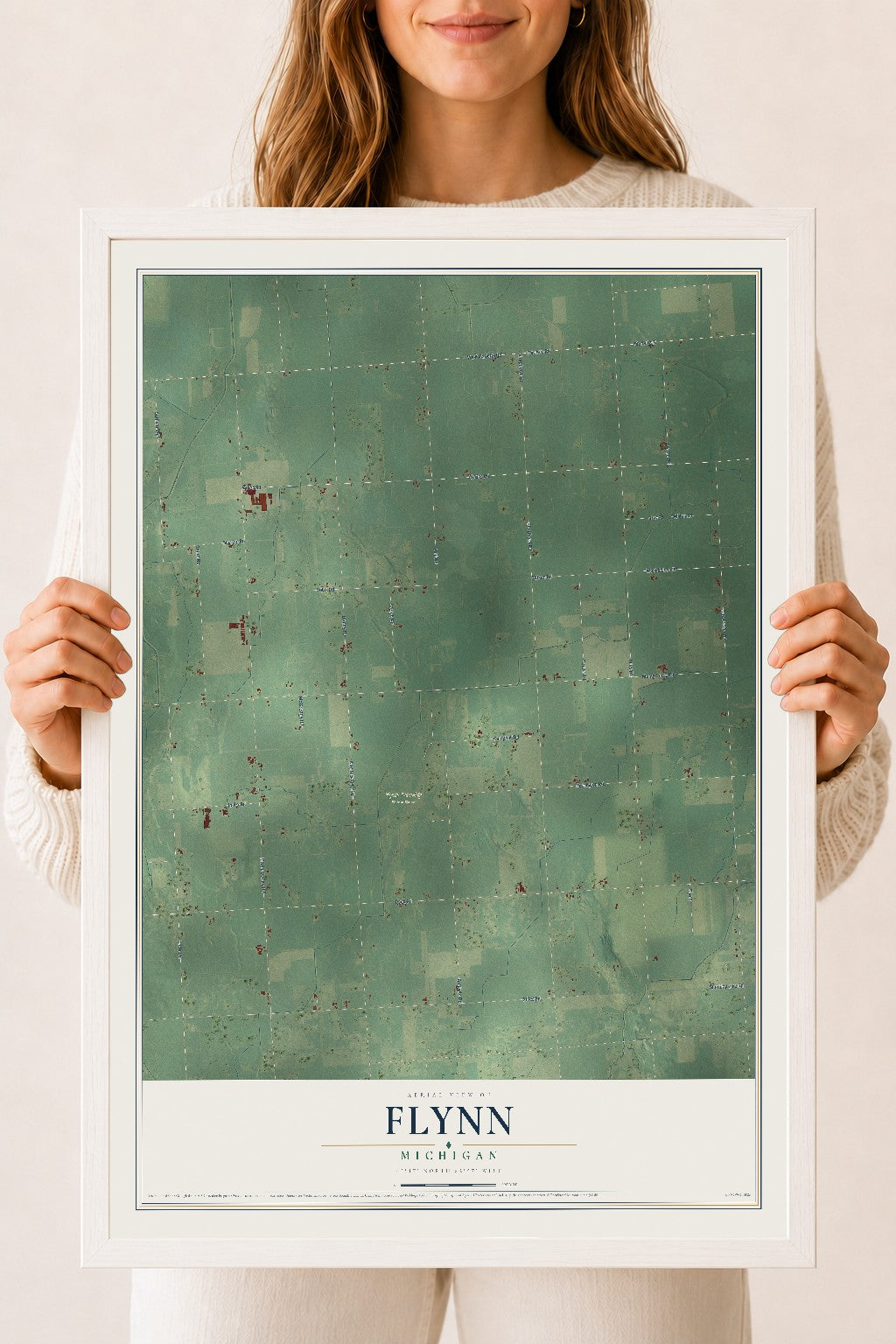 Map of Flynn, Michigan, 18 x 24 inch print in a white wood frame