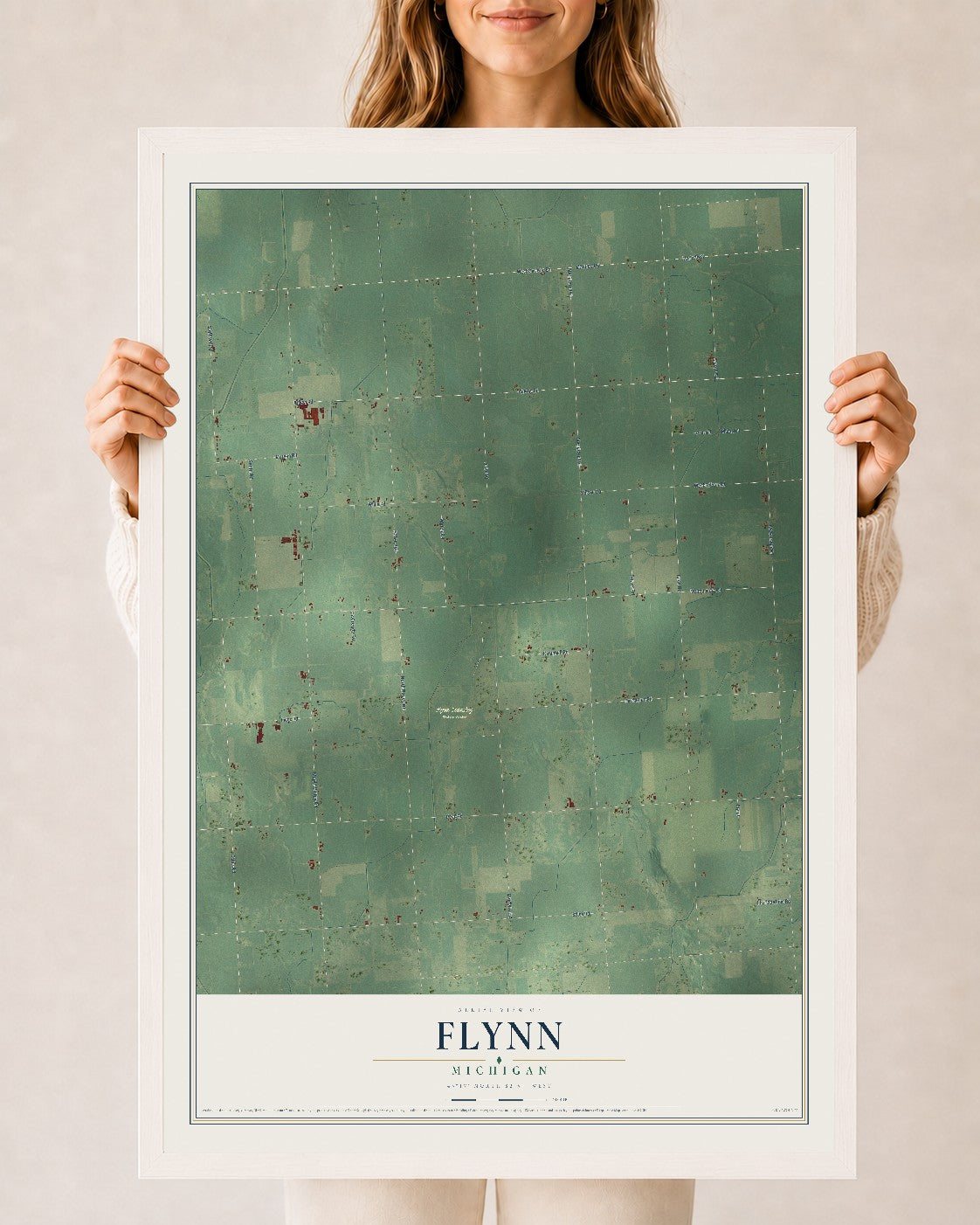 Map of Flynn, Michigan, 24 x 36 inch print in a white wood frame