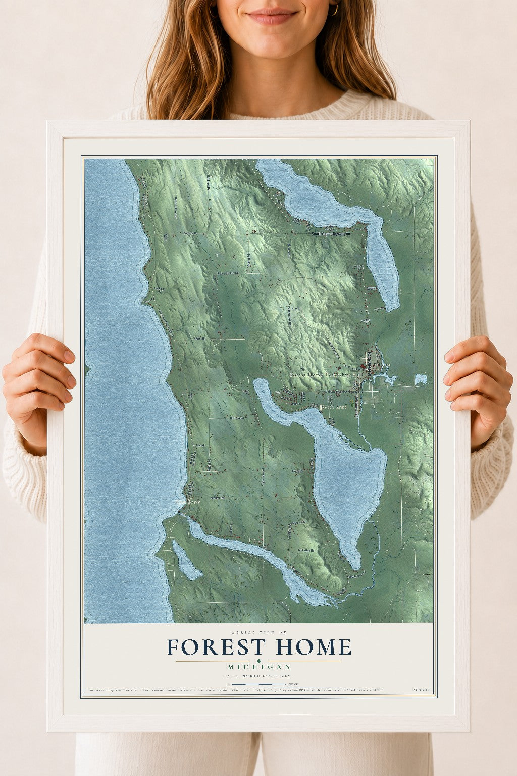 Map of Forest Home, Michigan, 18 x 24 inch print in a white wood frame